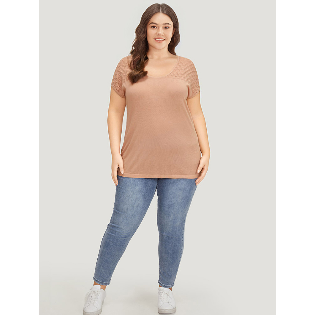 

Plus Size Supersoft Essentials Plain Patchwork Batwing Sleeve Scoop Neck Pullover Salmon Women Casual Loose Short sleeve Scoop Neck Dailywear Pullovers BloomChic