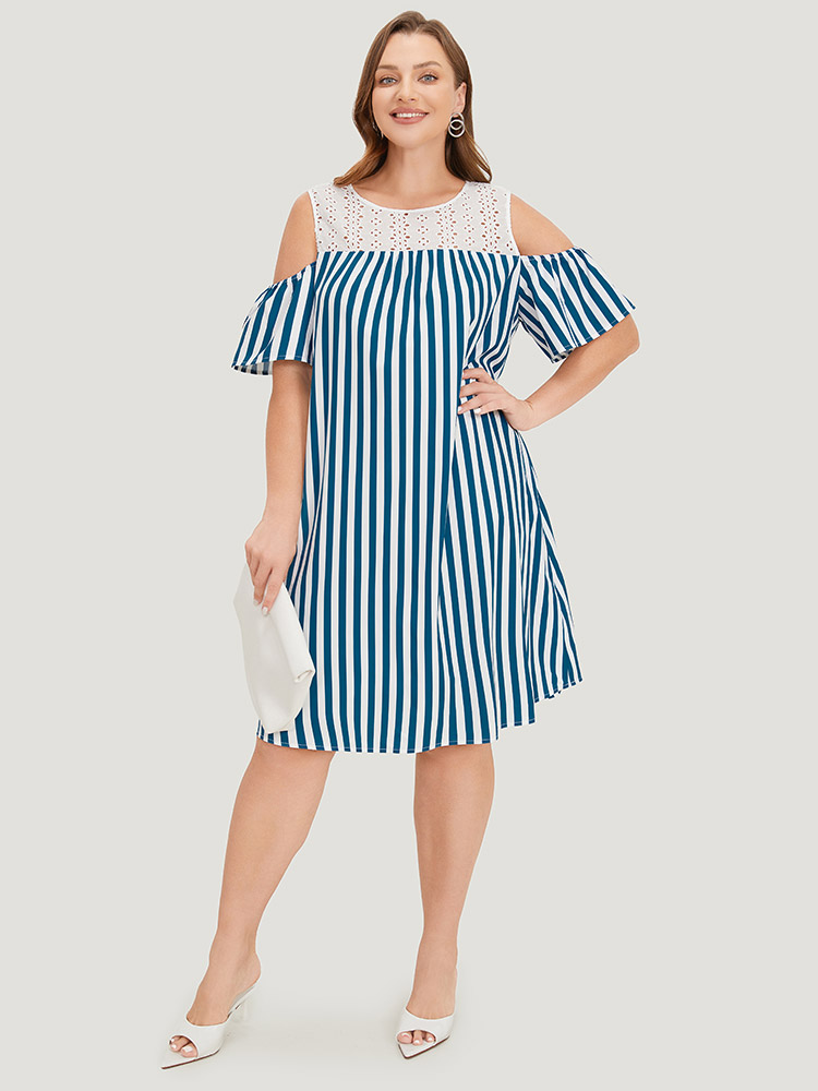 

Plus Size Laser Cut Pocket Striped Patchwork Keyhole Dress Aegean Women Office Patchwork Round Neck Short sleeve Curvy Knee Dress BloomChic