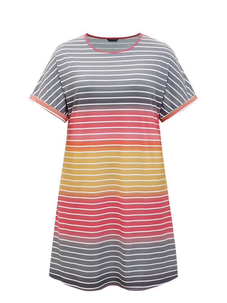 Plus Size Striped Contrast Roll Pocket Dolman Sleeve Dress Multicolor Women Casual Plain Round Neck Short sleeve Curvy Knee Dress BloomChic 28/5X 