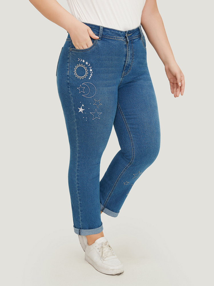 

Plus Size Very Stretchy High Rise Moon & Star Embroidered Jeans Women Blue Casual Star and moon Roll Hem High stretch Pocket Jeans BloomChic