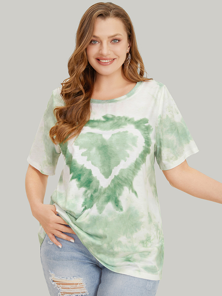 

Plus Size Heart Print Crew Neck Tie Dye T-shirt Green Women Casual Heart Print Round Neck Dailywear T-shirts BloomChic