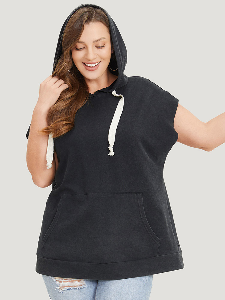Plus Size Women Dailywear Plain Cross straps Dolman Sleeve Short sleeve Hooded Casual T-shirts BloomChic 
