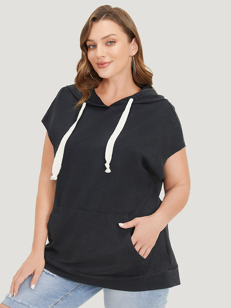 Plus Size Women Dailywear Plain Cross straps Dolman Sleeve Short sleeve Hooded Casual T-shirts BloomChic 