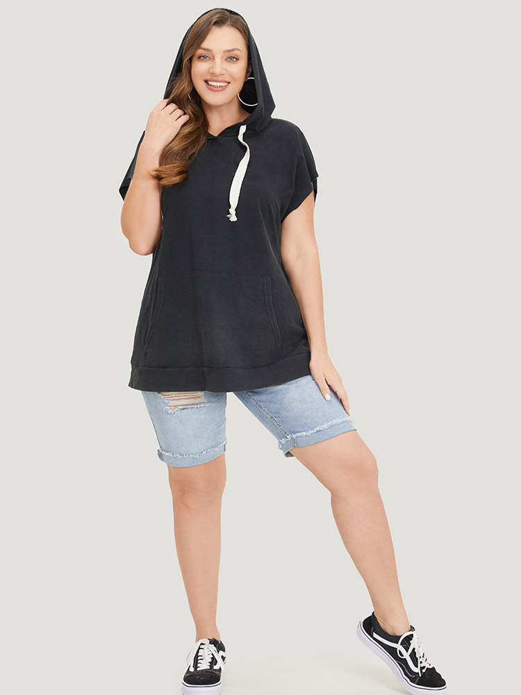 Plus Size Women Dailywear Plain Cross straps Dolman Sleeve Short sleeve Hooded Casual T-shirts BloomChic 