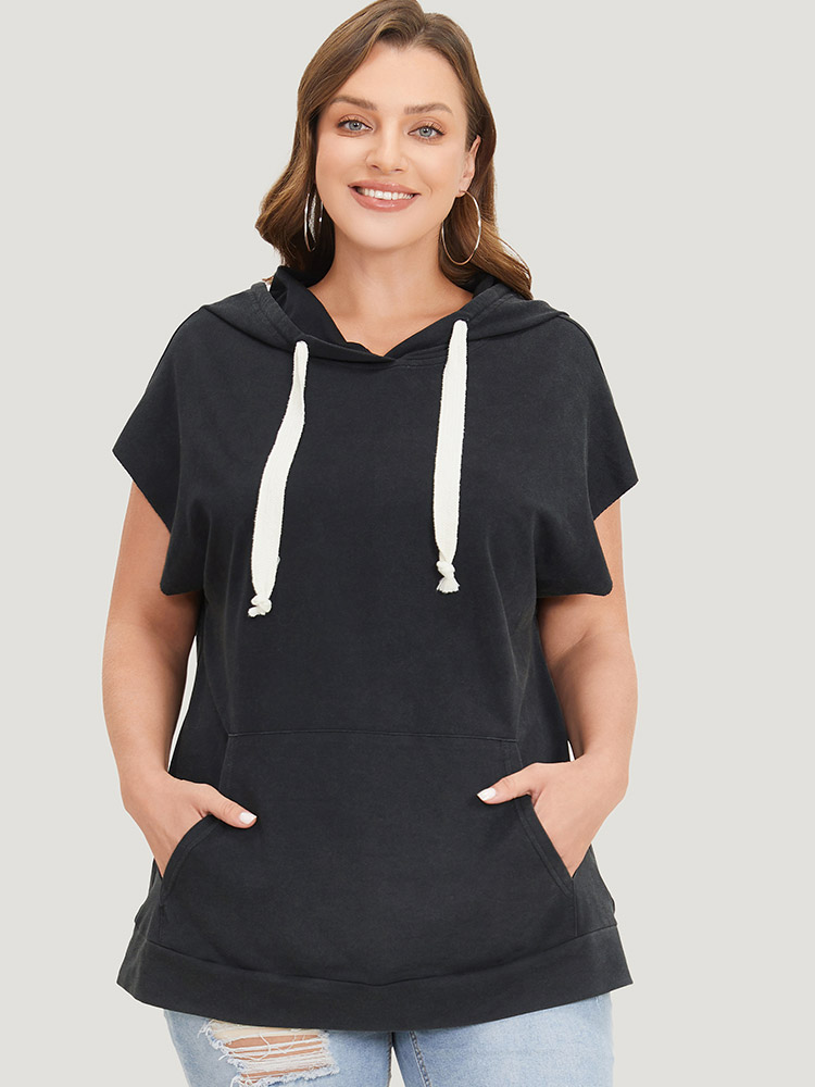 Plus Size Women Dailywear Plain Cross straps Dolman Sleeve Short sleeve Hooded Casual T-shirts BloomChic 