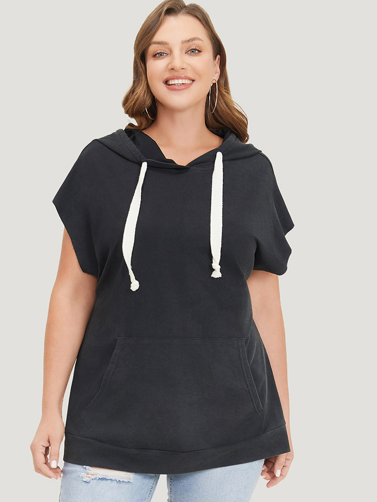 Plus Size Women Dailywear Plain Cross straps Dolman Sleeve Short sleeve Hooded Casual T-shirts BloomChic 