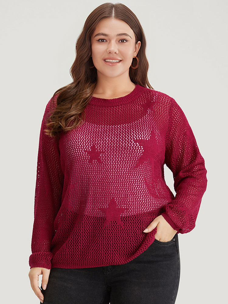 

Plus Size Star Pattern Lantern Sleeve Hollow Out Pullover Raspberry Women Casual Long Sleeve Round Neck Everyday Pullovers BloomChic