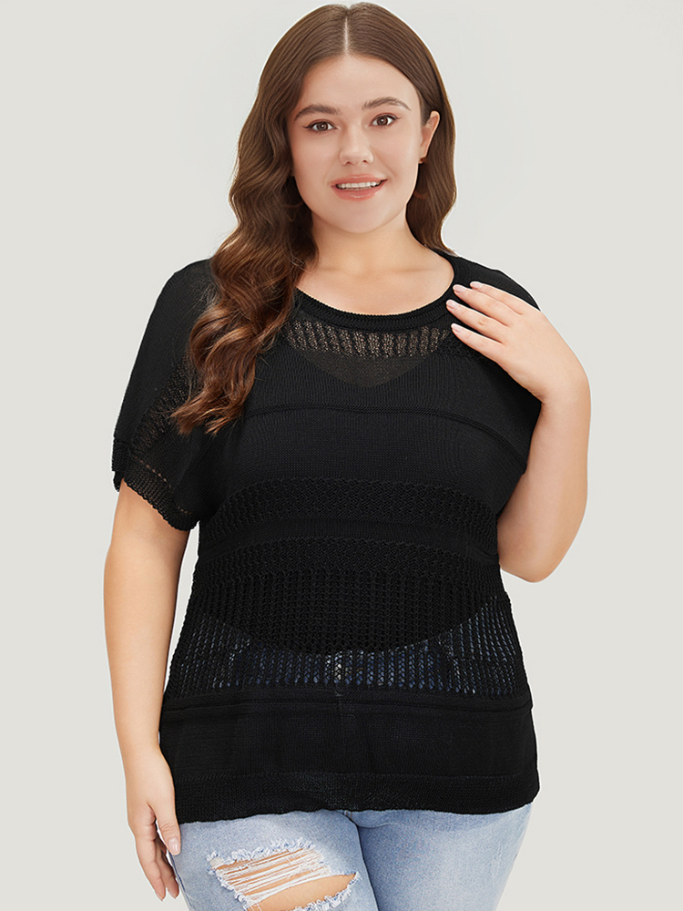 

Plus Size Plain Geometric Eyelet Patchwork Batwing Sleeve Pullover Black Women Casual Loose Short sleeve Round Neck Dailywear Pullovers BloomChic