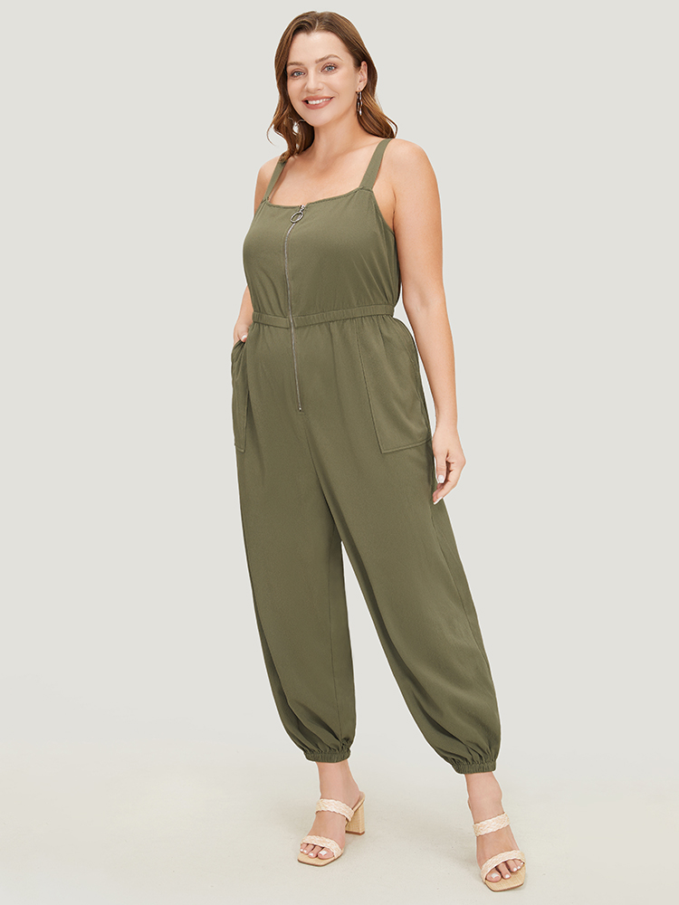 

Plus Size ArmyGreen Solid Pocket Zip Up Cami Jumpsuit Women Casual Sleeveless Spaghetti Strap Dailywear Loose Jumpsuits BloomChic