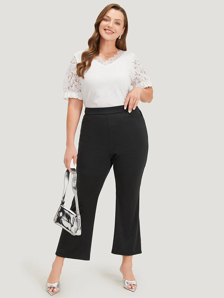 Plus Size Solid Elastic Waist Slant Pocket Bootcut Pants Women Black Office High Rise Work Pants BloomChic 26/4X 