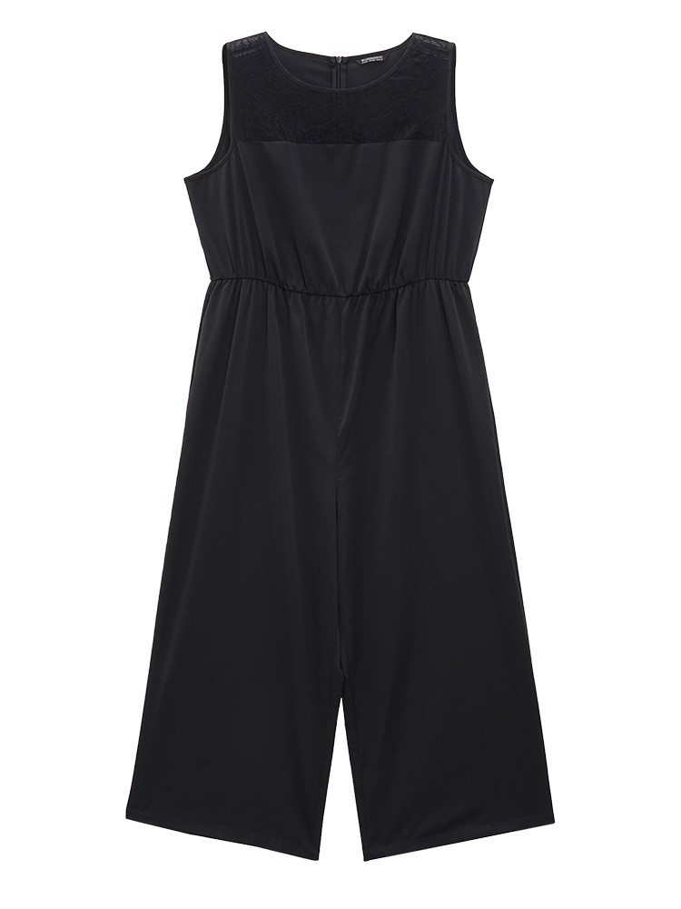 

Plus Size Black Solid Lace Mesh Pocket Sleeveless Jumpsuit Women Elegant Sleeveless Round Neck Dailywear Loose Jumpsuits BloomChic