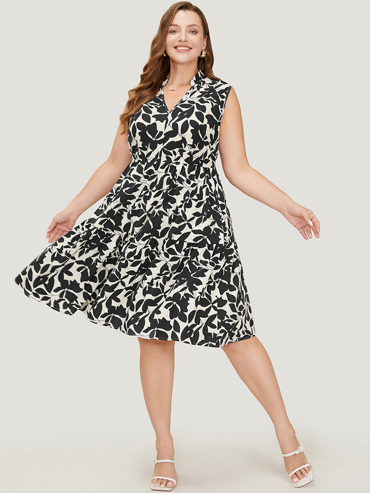 

Plus Size Floral Ptrint Pocket Ruffle Tiered Stand Collar Tank Dress Black Women Elegant Tiered Stand-up collar Sleeveless Curvy Knee Dress BloomChic