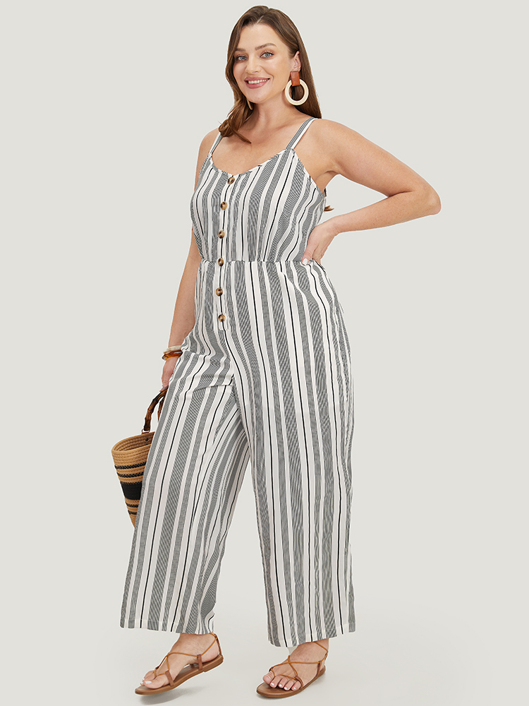 

Plus Size White Striped Print Button Pocket Detail Cami Jumpsuit Women Vacation Sleeveless Spaghetti Strap Dailywear Loose Jumpsuits BloomChic