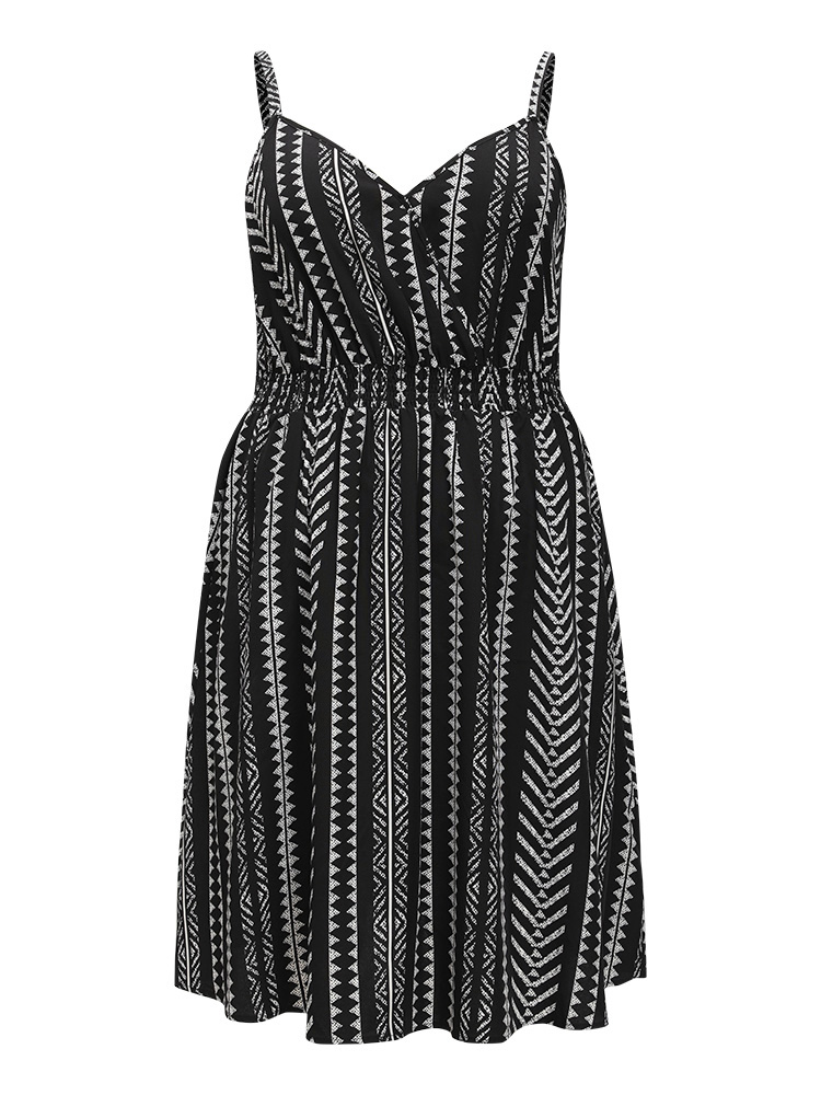 

Plus Size Striped Pocket Shirred Wrap Cami Dress Black Women Vacation Adjustable Straps V-neck Sleeveless Curvy Knee Dress BloomChic