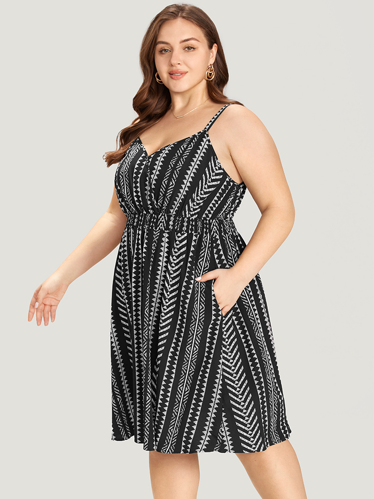 

Plus Size Striped Pocket Shirred Wrap Cami Dress Black Women Vacation Adjustable Straps V-neck Sleeveless Curvy Knee Dress BloomChic