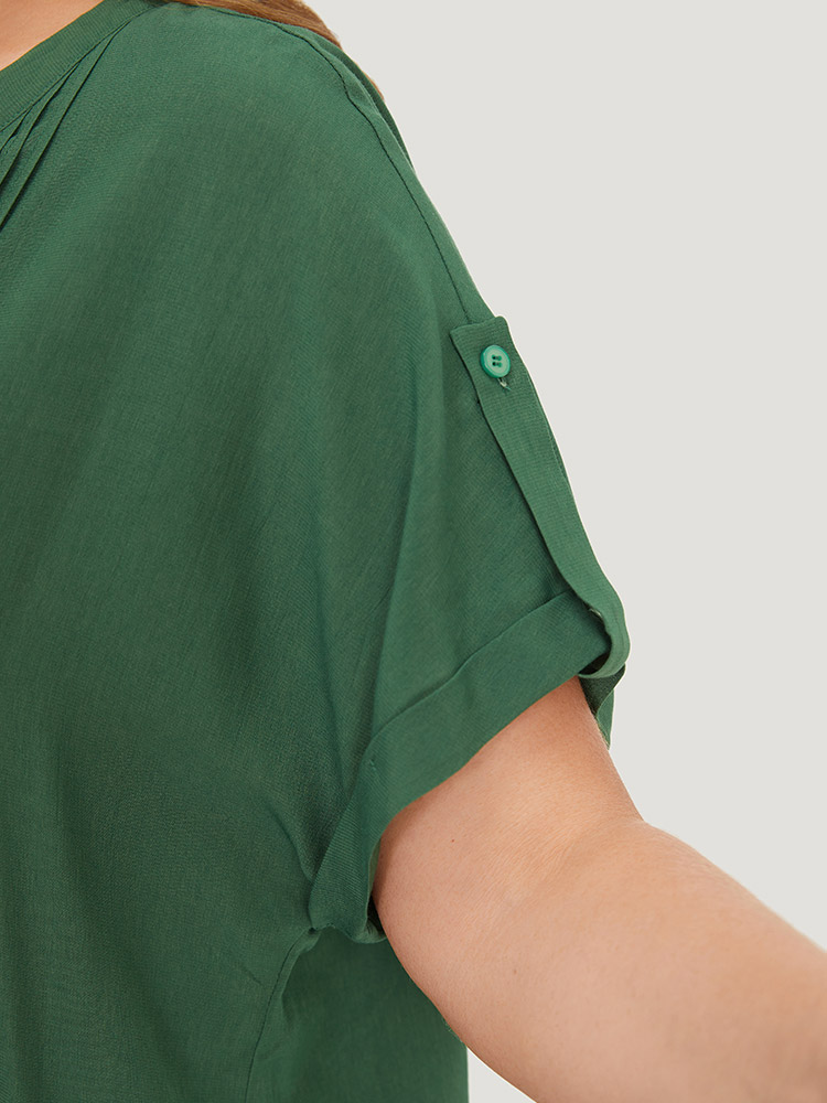 Plus Size Women Dailywear Plain Pleated Regular Sleeve Short sleeve Notched collar Elegant Blouses BloomChic 