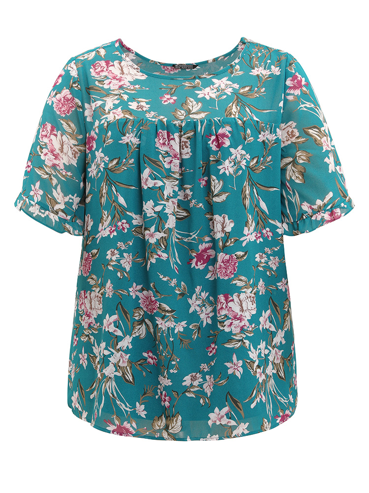 Plus Size Emerald Floral Gathered Mesh Ruffle Sleeve Blouse Women Elegant Short sleeve Round Neck Dailywear Blouses BloomChic 18-20/2X 