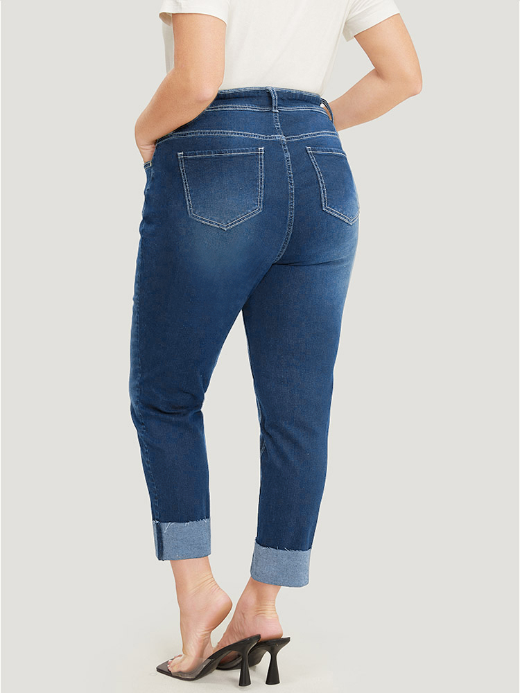 

Plus Size Straight Leg Very Stretchy High Rise Dark Wash Roll Hem Jeans Women Blue Casual Plain Roll Hem High stretch Pocket Jeans BloomChic