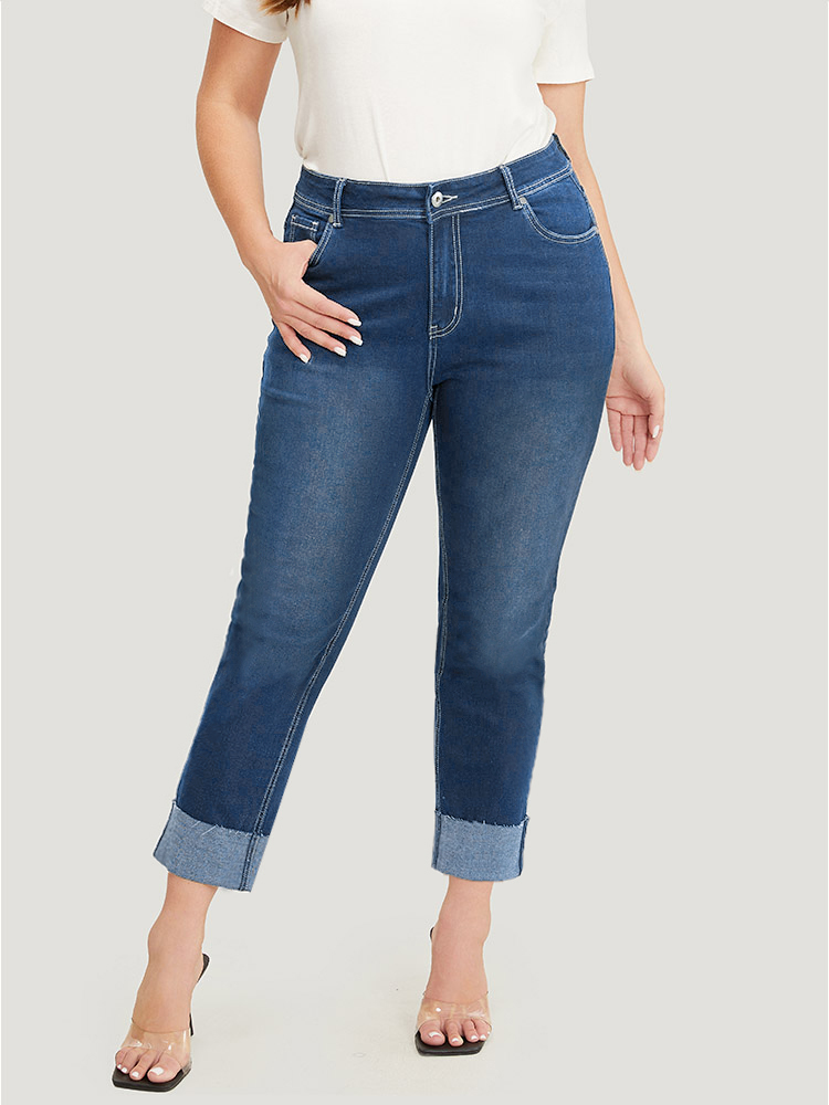 

Plus Size Straight Leg Very Stretchy High Rise Dark Wash Roll Hem Jeans Women Blue Casual Plain Roll Hem High stretch Pocket Jeans BloomChic