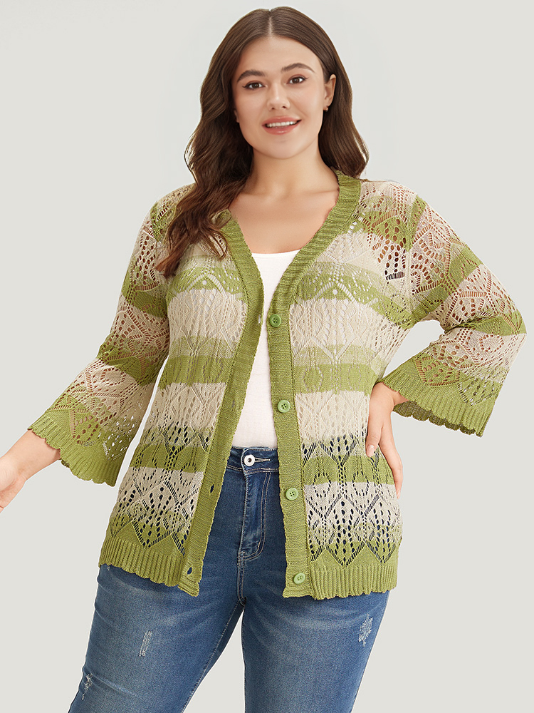 

Plus Size Striped Contrast Button Front Cardigan LightGreen Women Casual Loose Long Sleeve Everyday Cardigans BloomChic