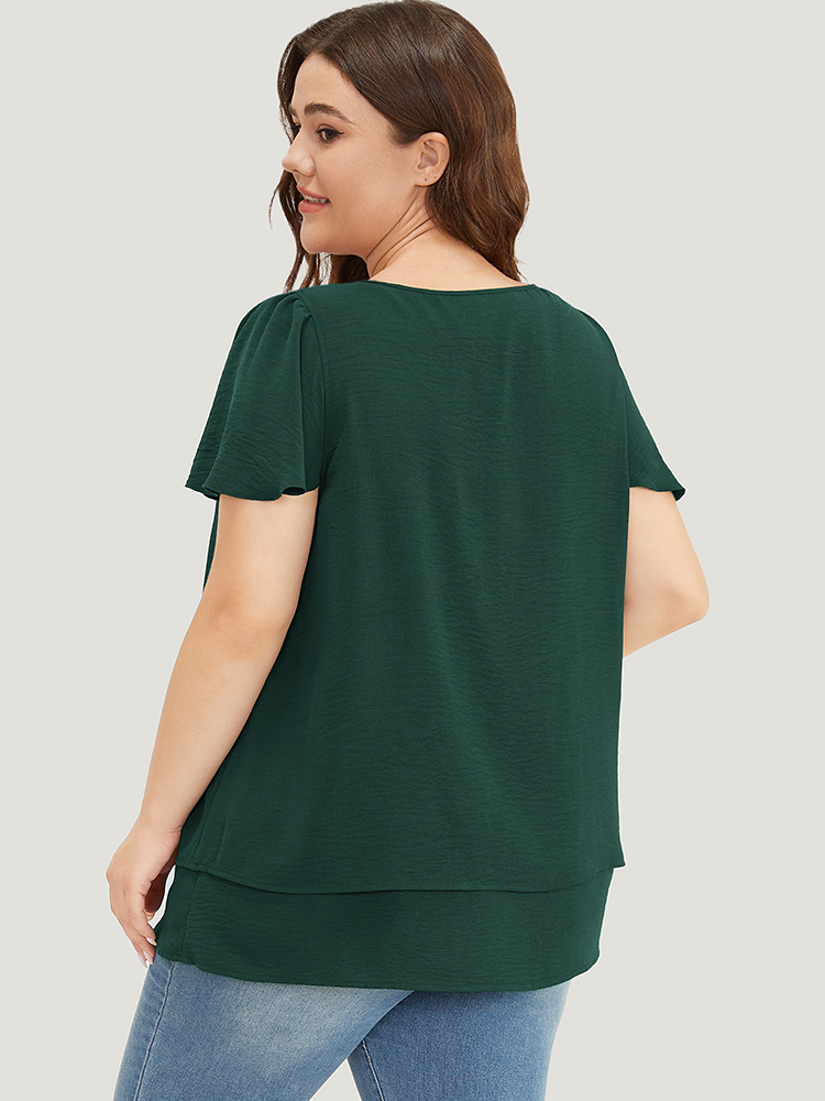 

Plus Size Emerald Solid Flutter Sleeve Keyhole Layered Hem Blouse Women Office Short sleeve V-neck Work Blouses BloomChic