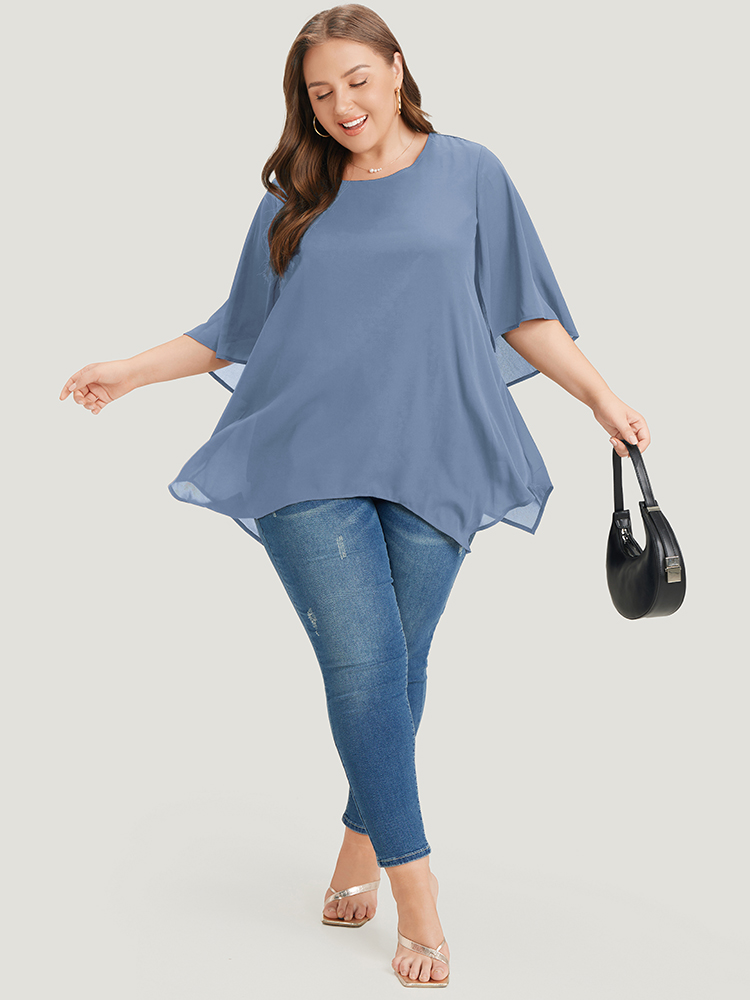 Plus Size LightBlue Plain Mesh Flutter Sleeve Hanky Hem Blouse Women Office Elbow-length sleeve Round Neck Dailywear Blouses BloomChic 26/4X 