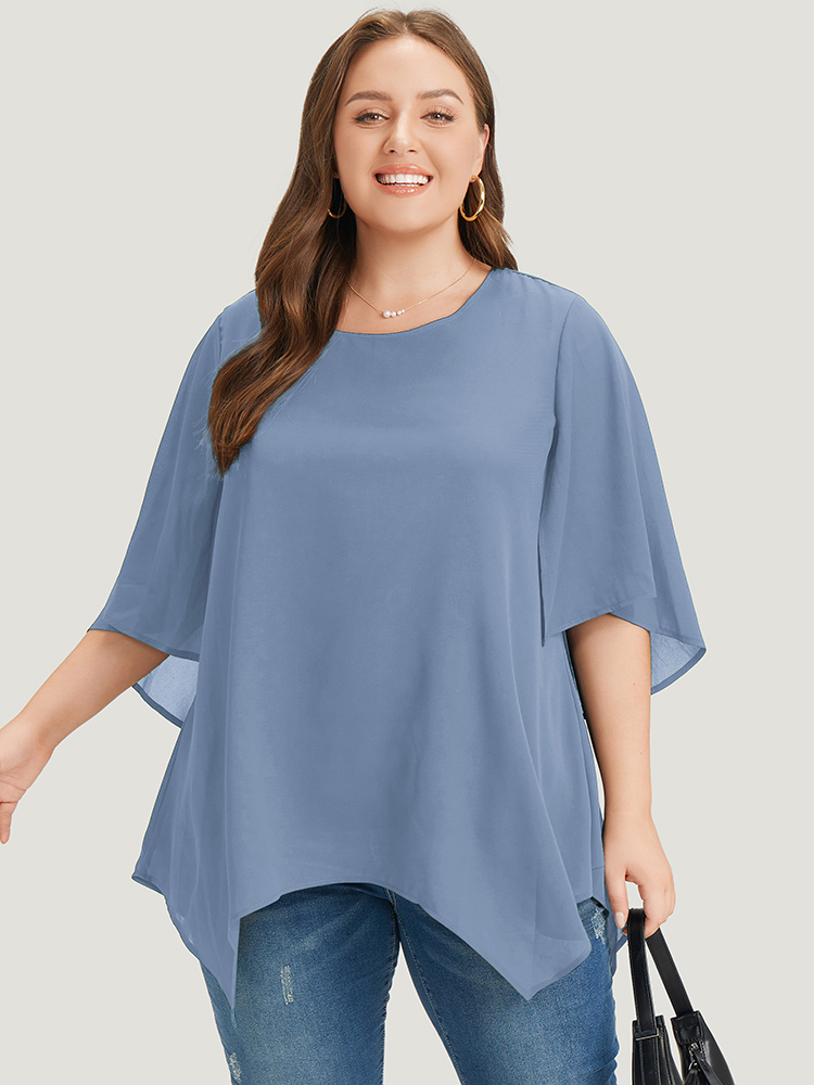 Plus Size LightBlue Plain Mesh Flutter Sleeve Hanky Hem Blouse Women Office Elbow-length sleeve Round Neck Dailywear Blouses BloomChic 26/4X 