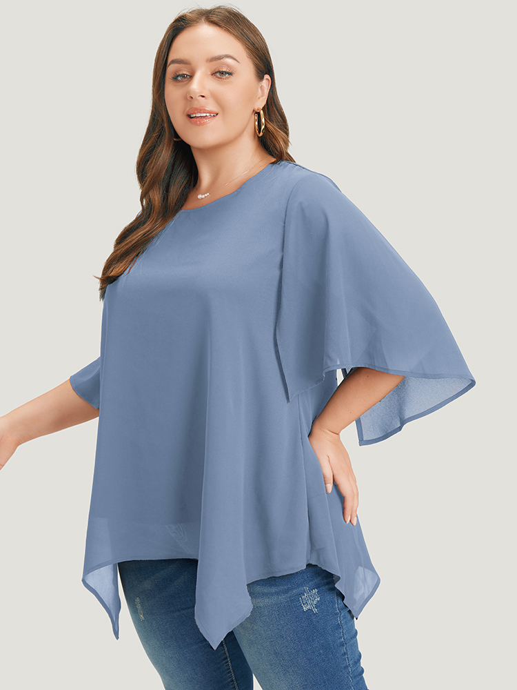 Plus Size LightBlue Plain Mesh Flutter Sleeve Hanky Hem Blouse Women Office Elbow-length sleeve Round Neck Dailywear Blouses BloomChic 26/4X 
