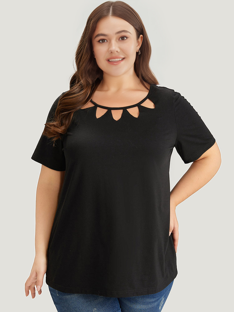 Plus Size Supersoft Essentials Solid Crew Neck Cut Out T-shirt Black Women Casual Cut-Out Plain Round Neck Dailywear T-shirts BloomChic 18-20/2X 