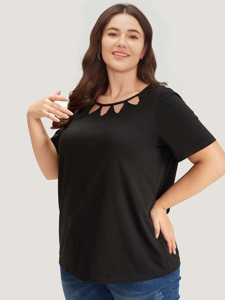 Plus Size Supersoft Essentials Solid Crew Neck Cut Out T-shirt Black Women Casual Cut-Out Plain Round Neck Dailywear T-shirts BloomChic 18-20/2X 