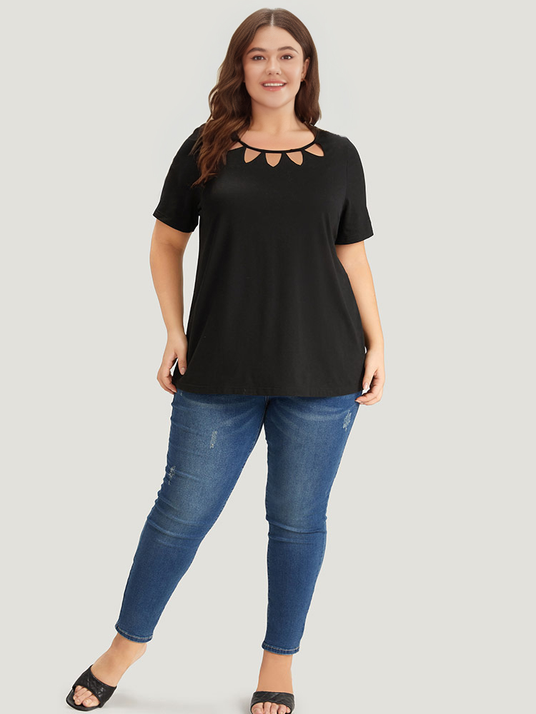 Plus Size Supersoft Essentials Solid Crew Neck Cut Out T-shirt Black Women Casual Cut-Out Plain Round Neck Dailywear T-shirts BloomChic 18-20/2X 