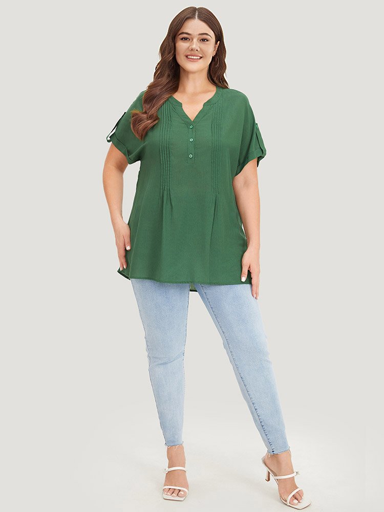 Plus Size Women Dailywear Plain Pleated Regular Sleeve Short sleeve Notched collar Elegant Blouses BloomChic 