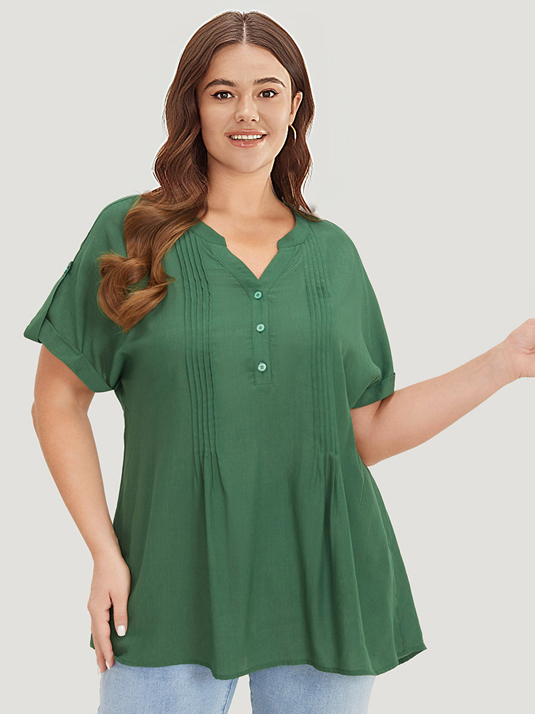 Plus Size Women Dailywear Plain Pleated Regular Sleeve Short sleeve Notched collar Elegant Blouses BloomChic 
