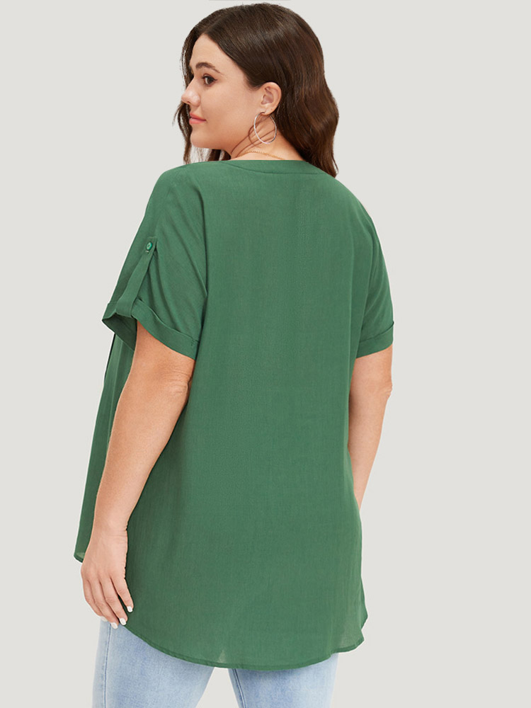 Plus Size Women Dailywear Plain Pleated Regular Sleeve Short sleeve Notched collar Elegant Blouses BloomChic 