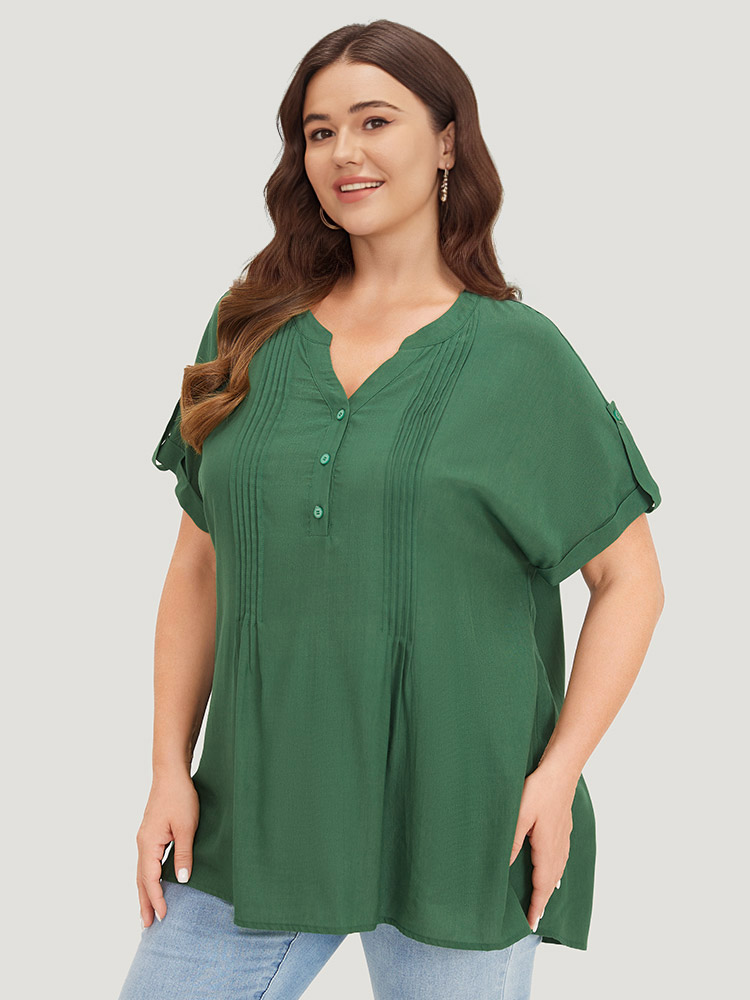 Plus Size Women Dailywear Plain Pleated Regular Sleeve Short sleeve Notched collar Elegant Blouses BloomChic 