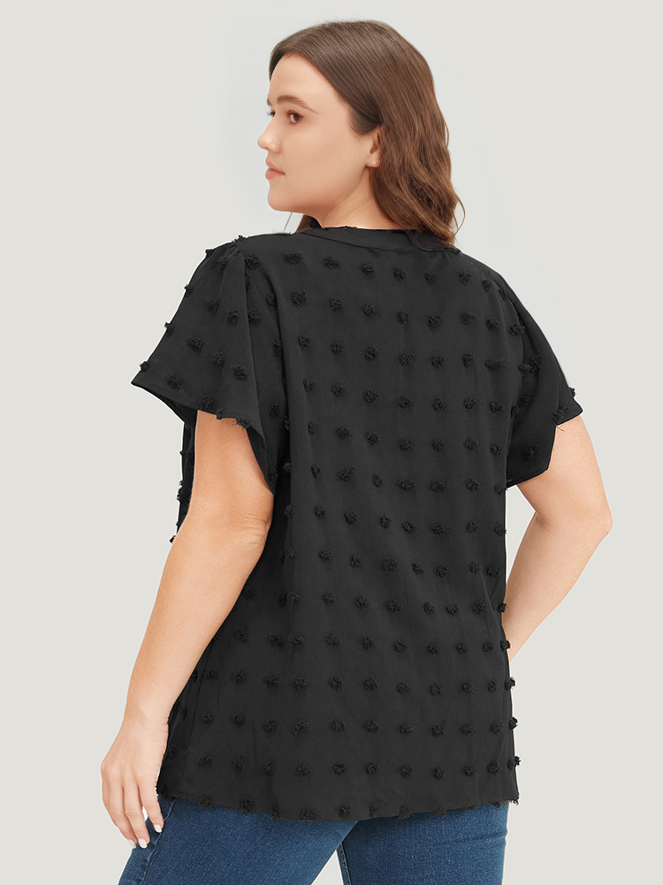 

Plus Size Black Polka Dot Notched Neck Flutter Sleeve Blouse Women Office Short sleeve Notched collar Dailywear Blouses BloomChic