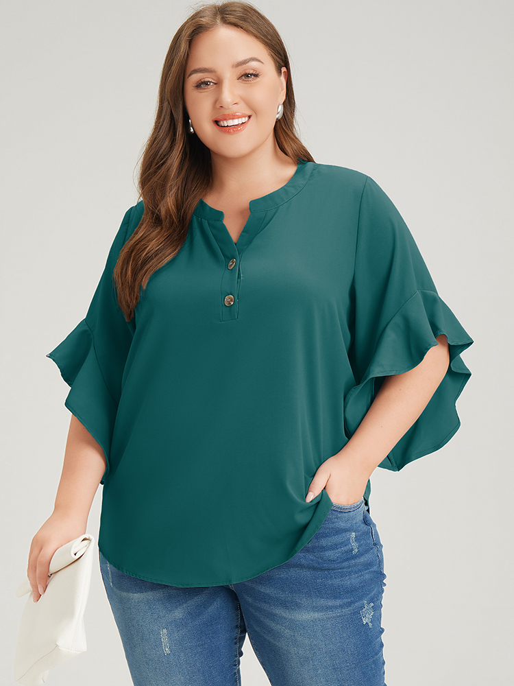 

Plus Size Cyan Anti-Wrinkle Plain Notched Flutter Sleeve Button Up Blouse Women Office Short sleeve Notched collar Work Blouses BloomChic