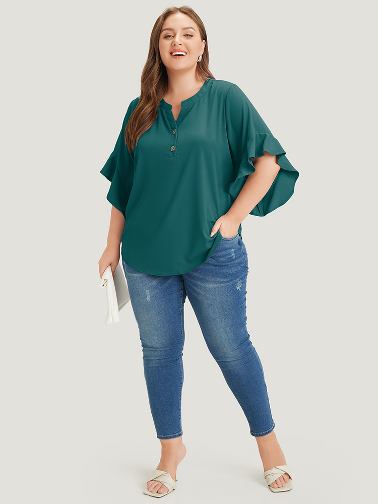 Plus Size Cyan Anti-Wrinkle Plain Notched Flutter Sleeve Button Up Blouse Women Office Short sleeve Notched collar Work Blouses BloomChic 30/6X 