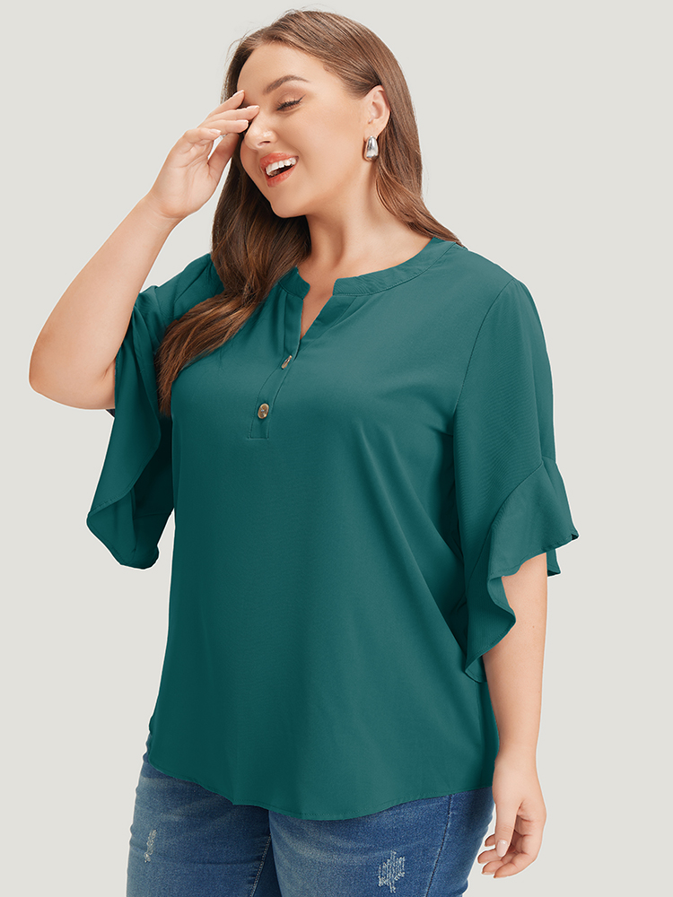 Plus Size Cyan Anti-Wrinkle Plain Notched Flutter Sleeve Button Up Blouse Women Office Short sleeve Notched collar Work Blouses BloomChic 30/6X 