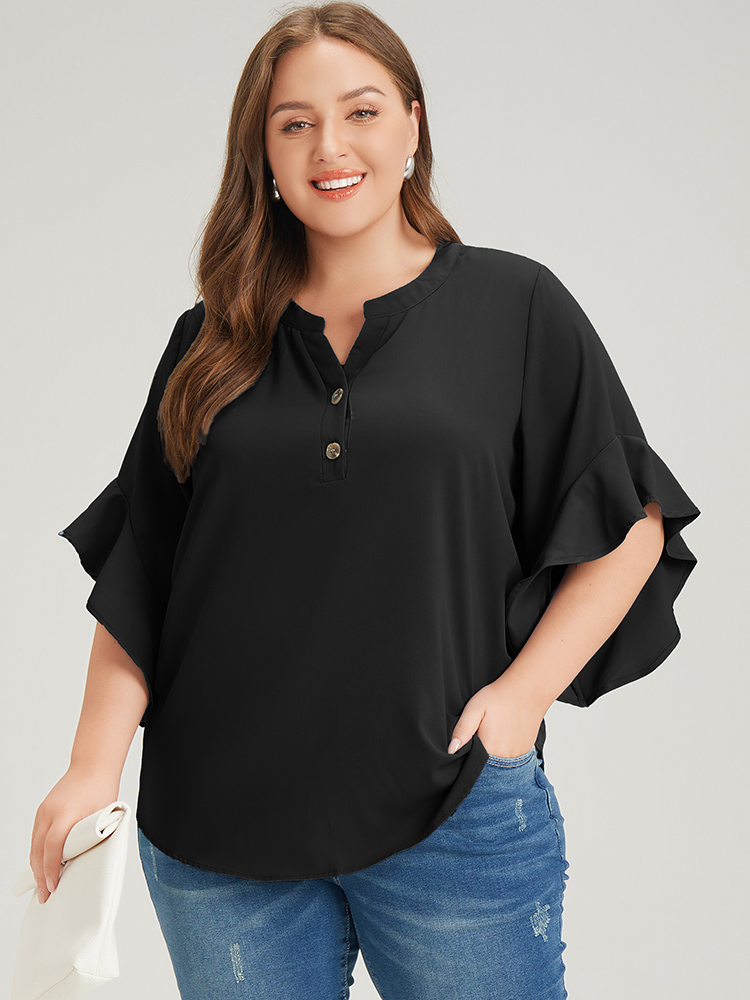 

Plus Size Black Anti-Wrinkle Plain Notched Flutter Sleeve Button Up Blouse Women Office Short sleeve Notched collar Work Blouses BloomChic