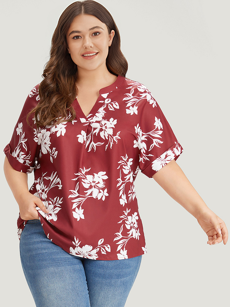 

Plus Size Multicolor Silhouette Floral Print Notched Roll Sleeve Blouse Women Elegant Short sleeve V-neck Dailywear Blouses BloomChic