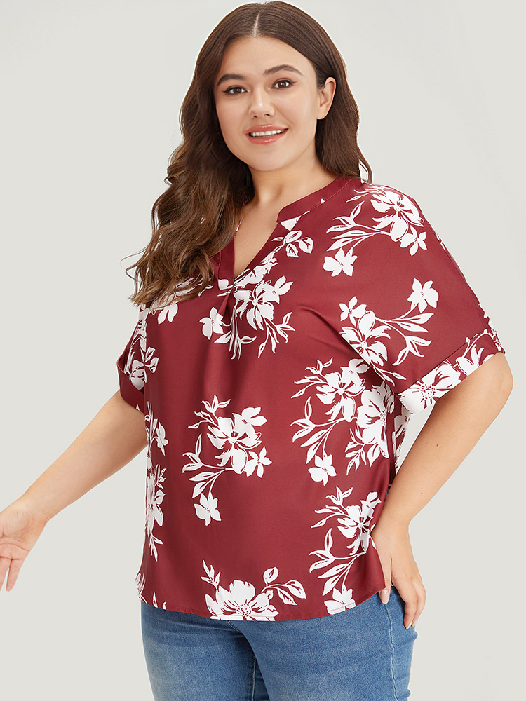 Plus Size Multicolor Silhouette Floral Print Notched Roll Sleeve Blouse Women Elegant Short sleeve V-neck Dailywear Blouses BloomChic 10/M 
