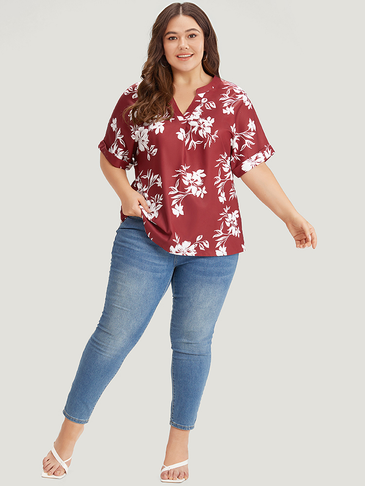 Plus Size Multicolor Silhouette Floral Print Notched Roll Sleeve Blouse Women Elegant Short sleeve V-neck Dailywear Blouses BloomChic 10/M 