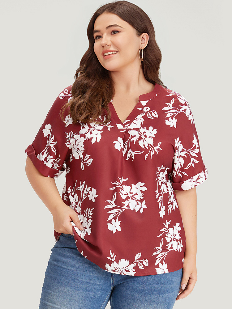 Plus Size Multicolor Silhouette Floral Print Notched Roll Sleeve Blouse Women Elegant Short sleeve V-neck Dailywear Blouses BloomChic 10/M 