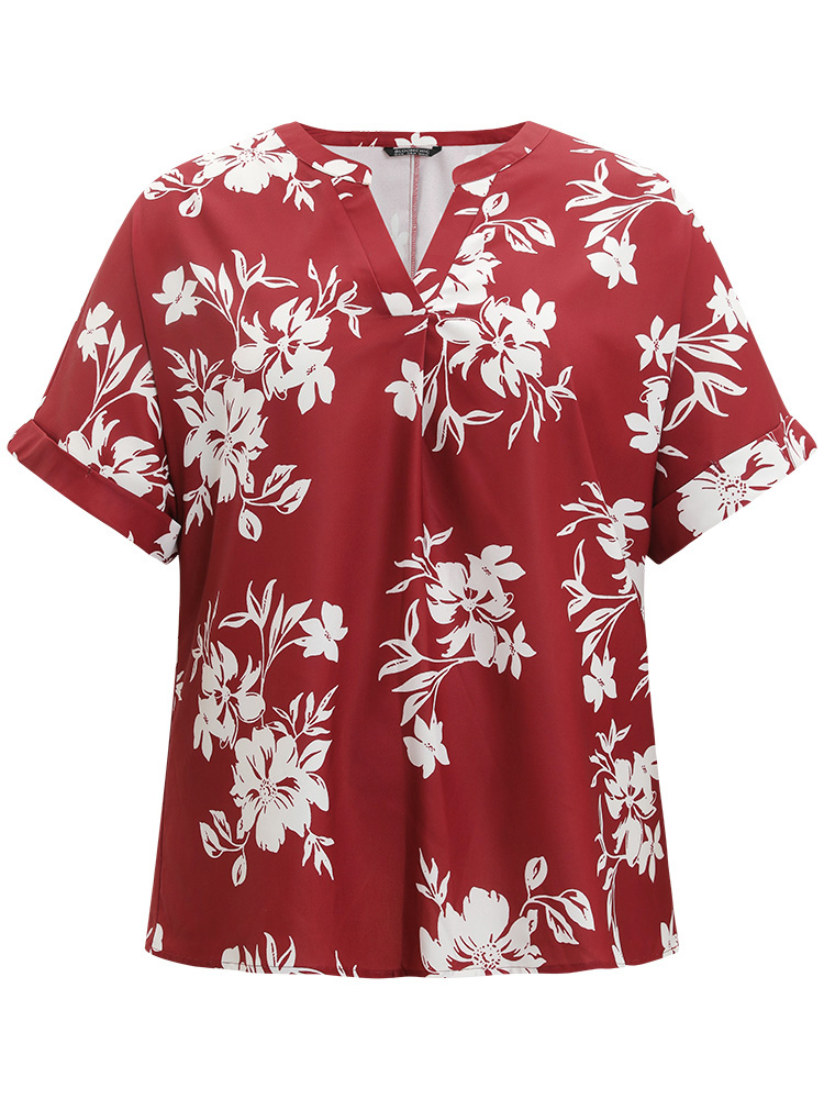 Plus Size Multicolor Silhouette Floral Print Notched Roll Sleeve Blouse Women Elegant Short sleeve V-neck Dailywear Blouses BloomChic 10/M 