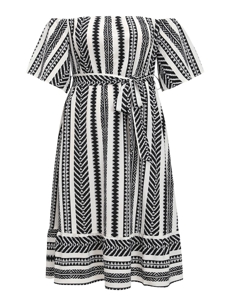 

Plus Size Striped Off Shoulder Pocket Patchwork Belted Dress White Women Vacation Belted One-shoulder neck Short sleeve Curvy Midi Dress BloomChic