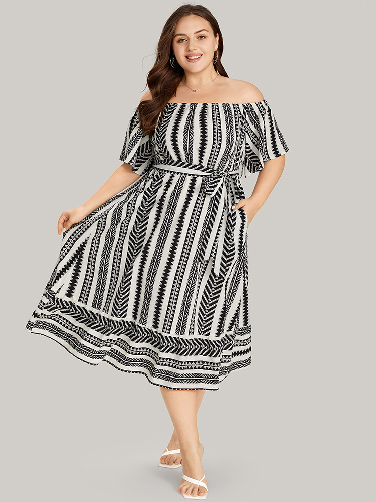 Plus Size Striped Off Shoulder Pocket Patchwork Belted Dress White Women Vacation Belted One-shoulder neck Short sleeve Curvy Midi Dress BloomChic 18-20/2X 