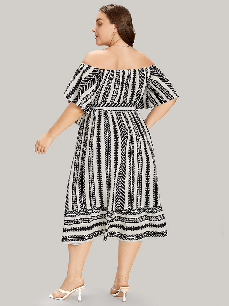 Plus Size Striped Off Shoulder Pocket Patchwork Belted Dress White Women Vacation Belted One-shoulder neck Short sleeve Curvy Midi Dress BloomChic 18-20/2X 