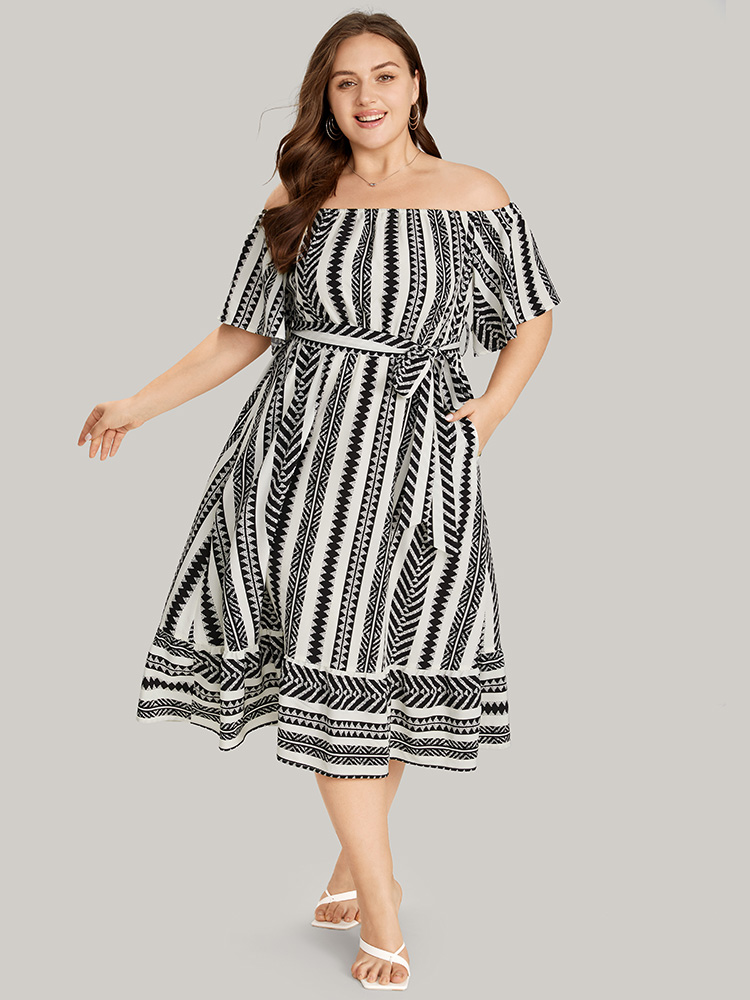 Plus Size Striped Off Shoulder Pocket Patchwork Belted Dress White Women Vacation Belted One-shoulder neck Short sleeve Curvy Midi Dress BloomChic 18-20/2X 