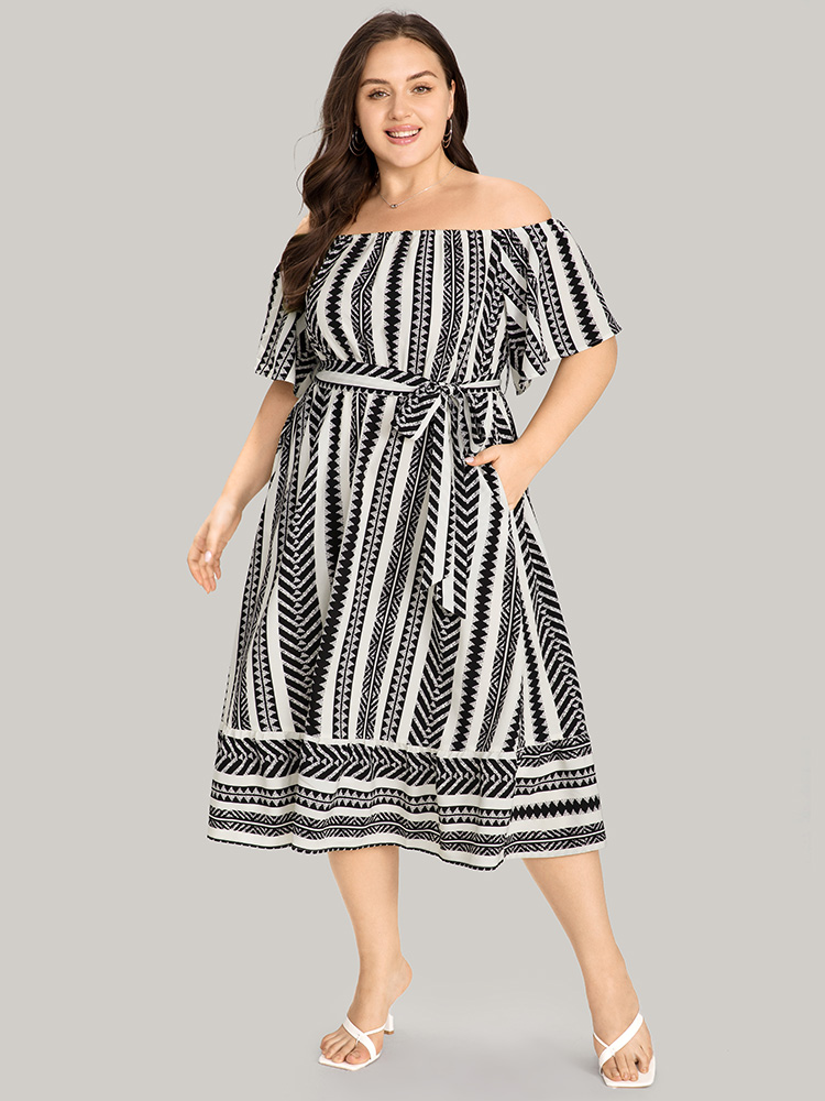 Plus Size Striped Off Shoulder Pocket Patchwork Belted Dress White Women Vacation Belted One-shoulder neck Short sleeve Curvy Midi Dress BloomChic 18-20/2X 